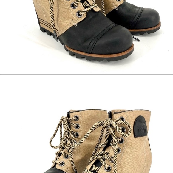 Sorel: Joan of Arctic tan canvas and black leather wedge ankle boots (7) - Picture 2 of 4